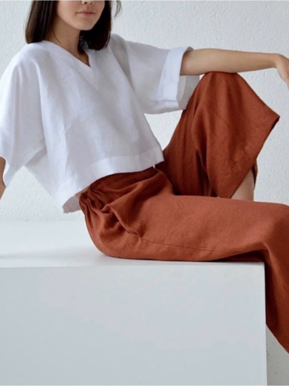 LOU & GREY | Womens Burnt Orange Wide Leg Linen Pants size M Rust Pull-On Pleat